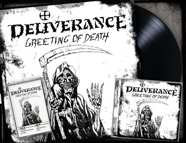 DELIVERANCE - GREETING OF DEATH (*NEW-CD + 12" VINYL + CASSETTE BUNDLE, 2019, Retroactive Records)